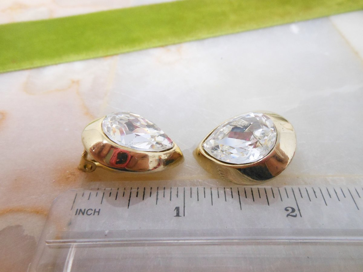 Vintage KJL Crystal Headlight KENNETH Jay LANE Clip On Earrings Runway Statement Teardrop Jewelry Gift, VivianJoel.com