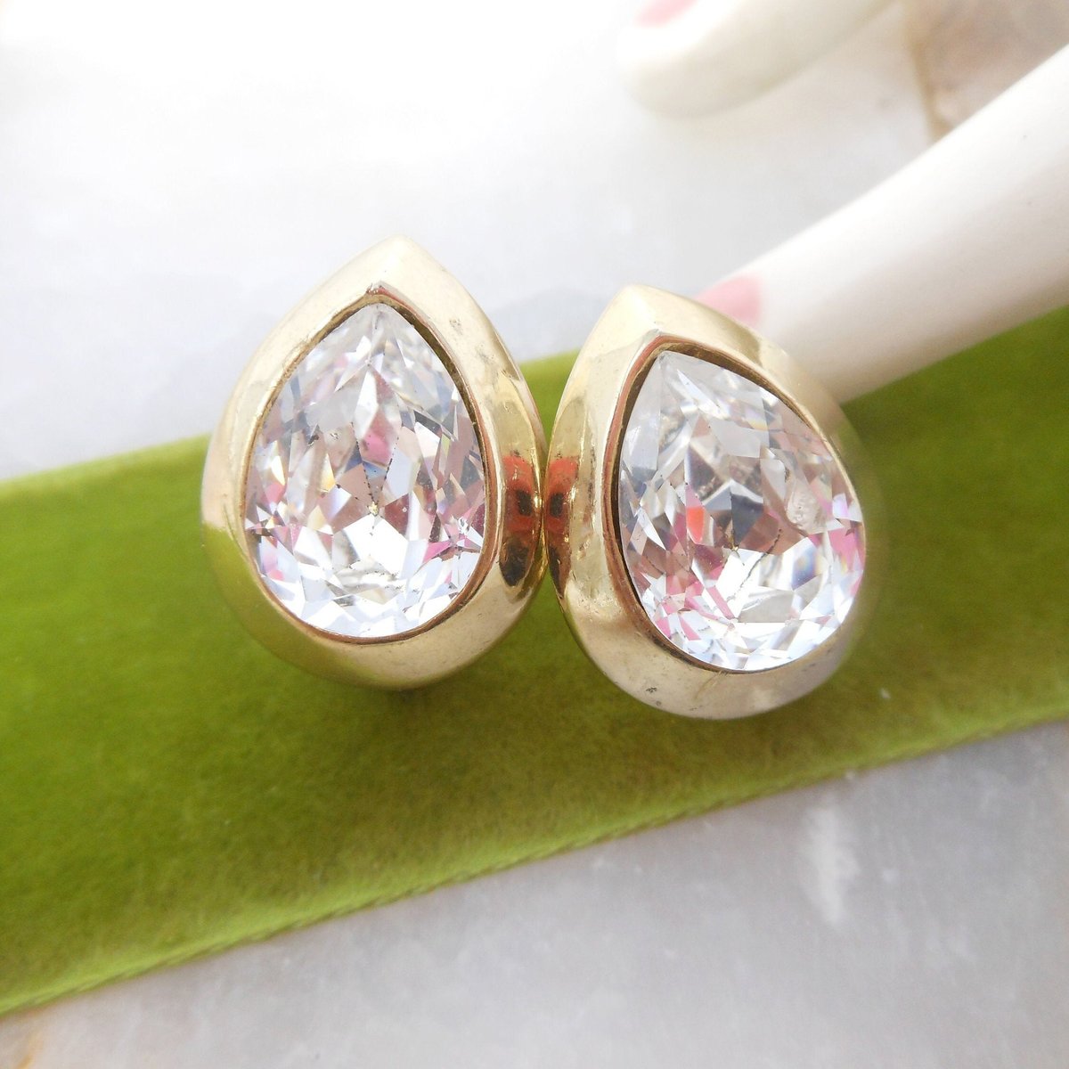 Vintage KJL Crystal Headlight KENNETH Jay LANE Clip On Earrings Runway Statement Teardrop Jewelry Gift, VivianJoel.com