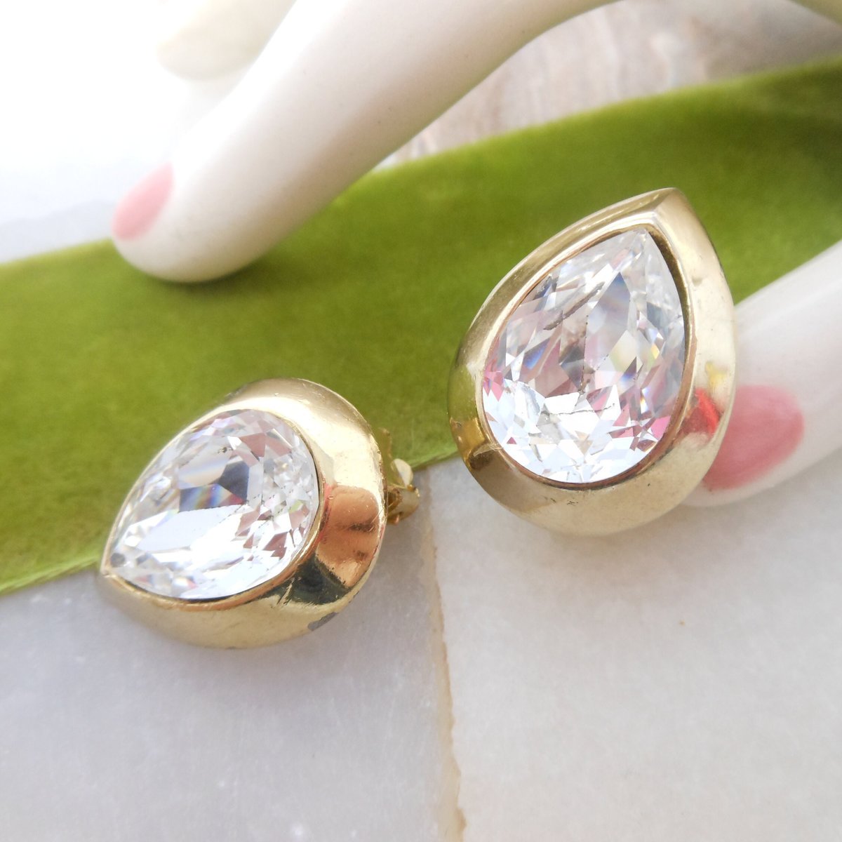 Vintage KJL Crystal Headlight KENNETH Jay LANE Clip On Earrings Runway Statement Teardrop Jewelry Gift, VivianJoel.com