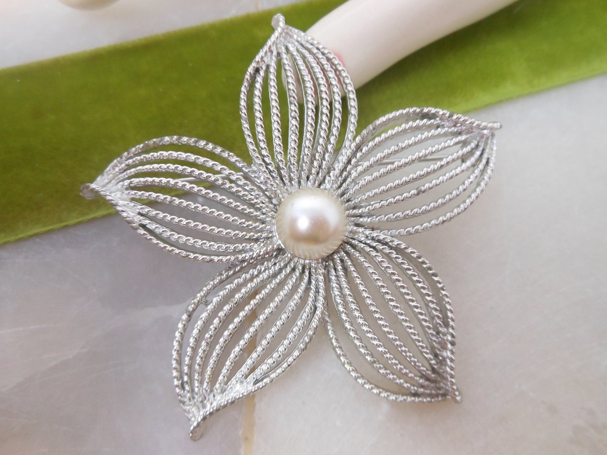 Vintage SARAH COVENTRY Flower Brooch Pearl Moonflower Pin Starburst Designer Mid Century Jewelry Gift, VivianJoel.com