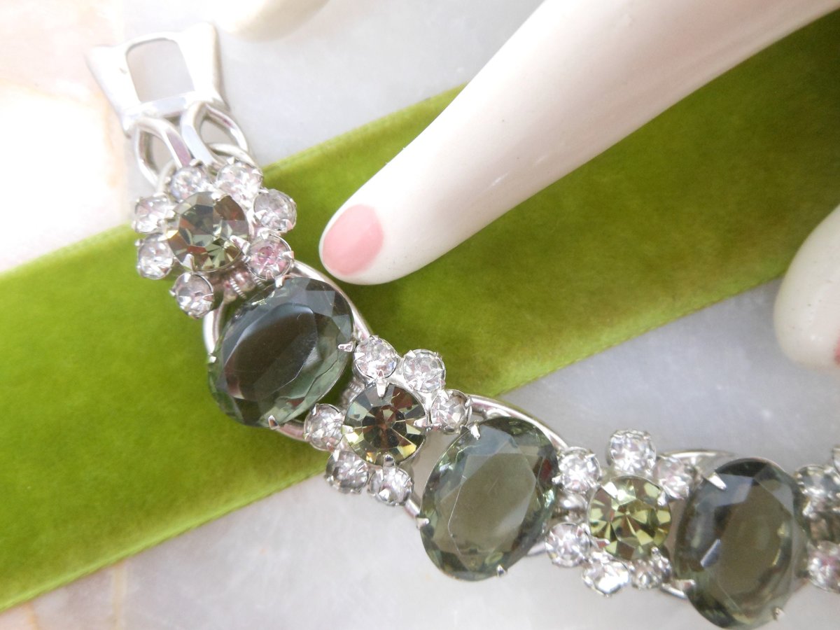 Vintage JULIANA Bracelet Rhinestone Crystal Smoky Gray Green Crystal Mid Century Designer Jewelry Mid Century,  VivianJoel.com