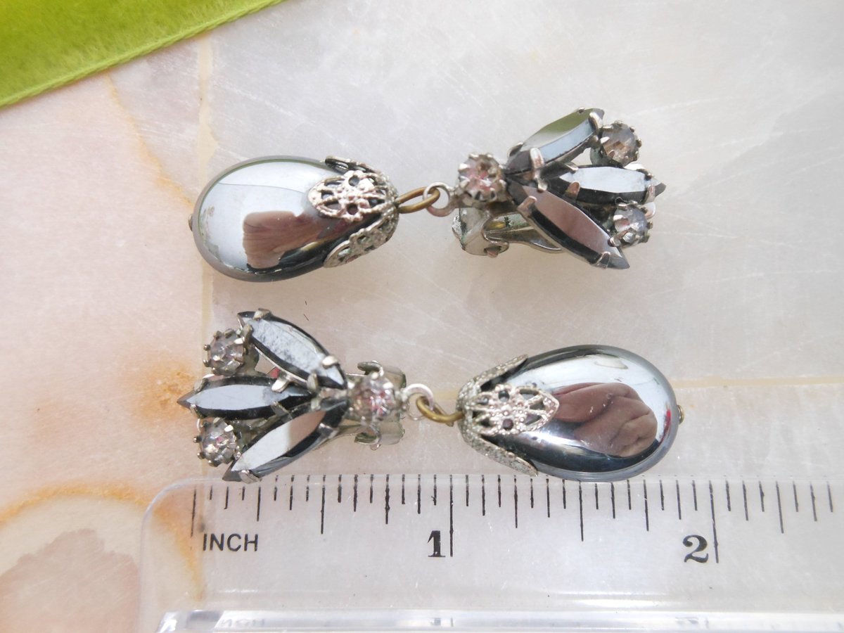 Vintage JULIANA Verified Earrings Hematite Clip On Dangle Drop Grey Rhinestone Mid Century Designer Jewelry Gift, VivianJoel.com