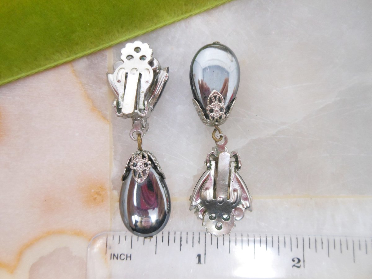 Vintage JULIANA Verified Earrings Hematite Clip On Dangle Drop Grey Rhinestone Mid Century Designer Jewelry Gift, VivianJoel.com