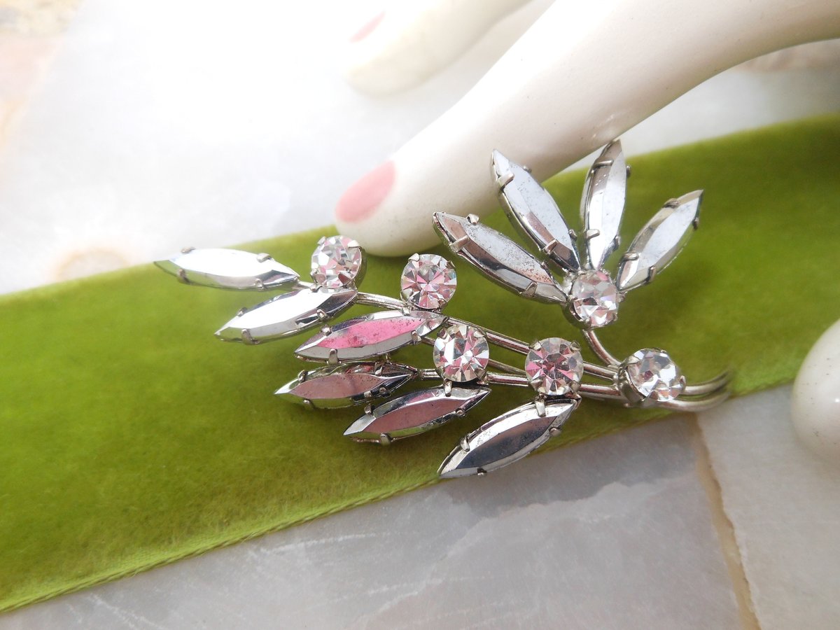 Vintage AUSTRIA Pin Rhinestone Crystal Brooch Flower Hematite Branch Mid Century Jewelry Gift, VivianJoel.com
