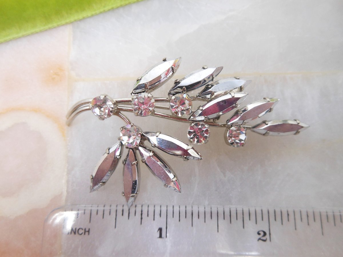 Vintage AUSTRIA Pin Rhinestone Crystal Brooch Flower Hematite Branch Mid Century Jewelry Gift, VivianJoel.com
