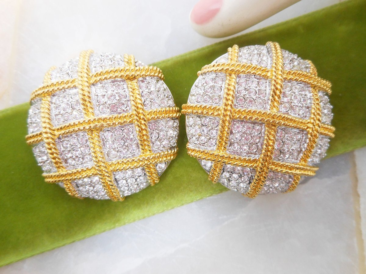 Vintage SWAROVSKI Earrings Huge Pave Crystal Designer SWAN LOGO Clip On Basketweave Statement Runway Jewelry Gift, VivianJoel.com