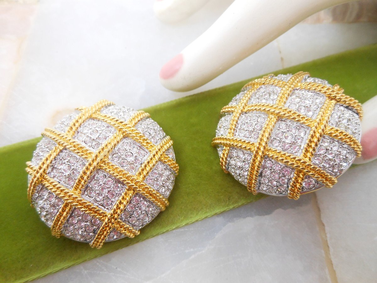 Vintage SWAROVSKI Earrings Huge Pave Crystal Designer SWAN LOGO Clip On Basketweave Statement Runway Jewelry Gift, VivianJoel.com