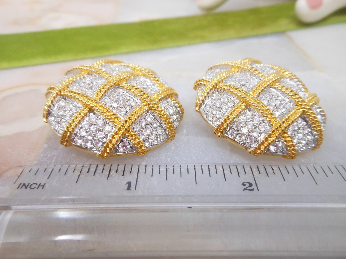 Vintage SWAROVSKI Earrings Huge Pave Crystal Designer SWAN LOGO Clip On Basketweave Statement Runway Jewelry Gift, VivianJoel.com