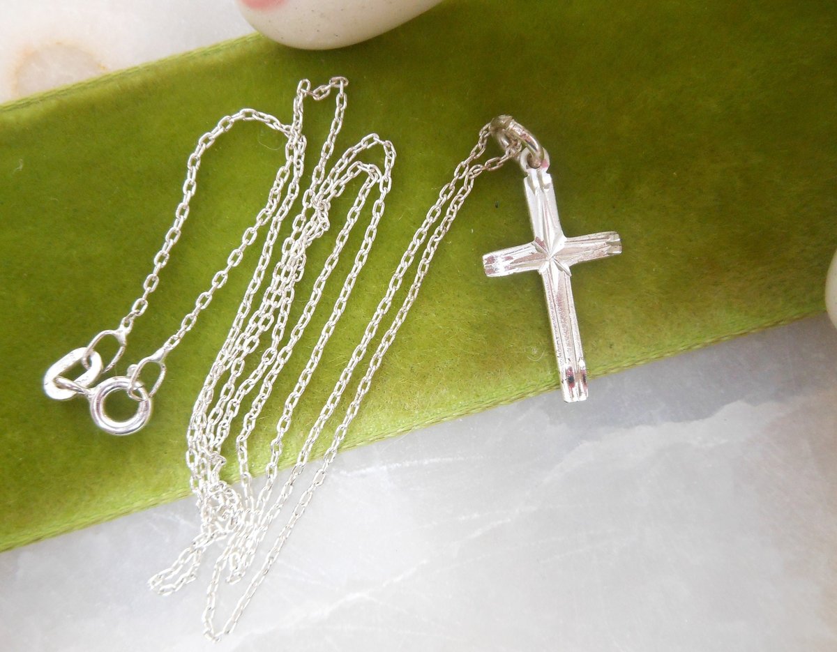 Vintage STERLING SILVER Cross Pendant Necklace Delicate Petite Minimalist Mid Century Jewelry Gift, VivianJoel.com