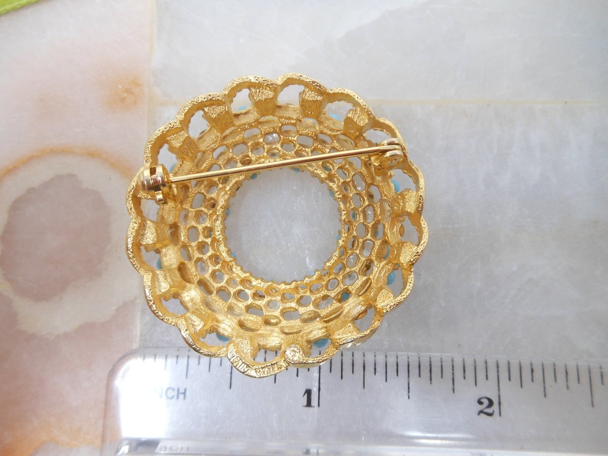 Vintage SARAH COVENTRY Rhinestone Pin Turquoise Brooch Wreath Song of India Designer Ornate Mid Century Jewelry Gift, VivianJoel.com