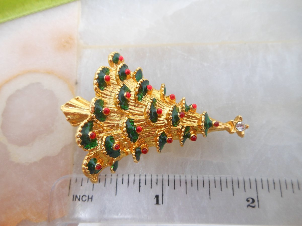 Vintage Christmas Tree Pin Brooch Enamel Rhinestone Gift Jewelry Collectible, VivianJoel.com