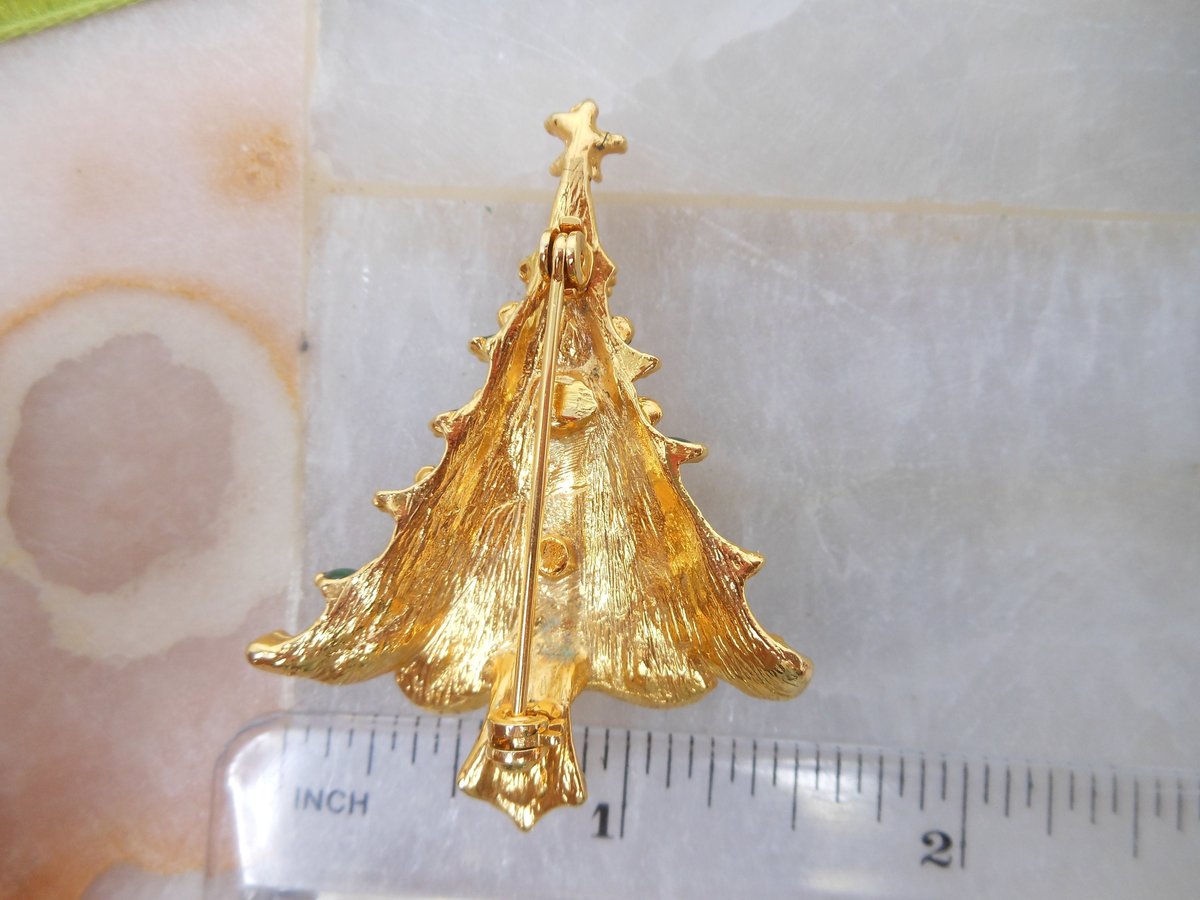 Vintage Christmas Tree Pin Brooch Enamel Rhinestone Gift Jewelry Collectible, VivianJoel.com