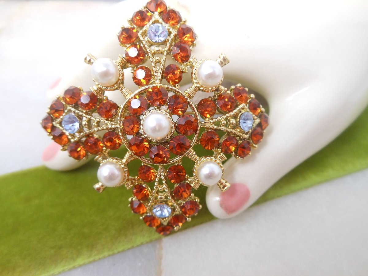 Vintage Maltese Cross Brooch Ornate Pin Victorian Revival Rhinestone Crystal Pearl Mid Century Jewelry Gift, VivianJoel.com