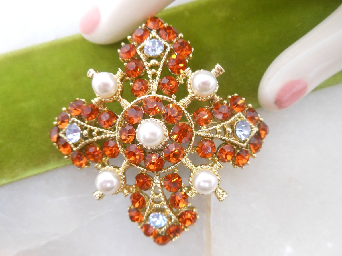 Vintage Maltese Cross Brooch Ornate Pin Victorian Revival Rhinestone Crystal Pearl Mid Century Jewelry Gift, VivianJoel.com