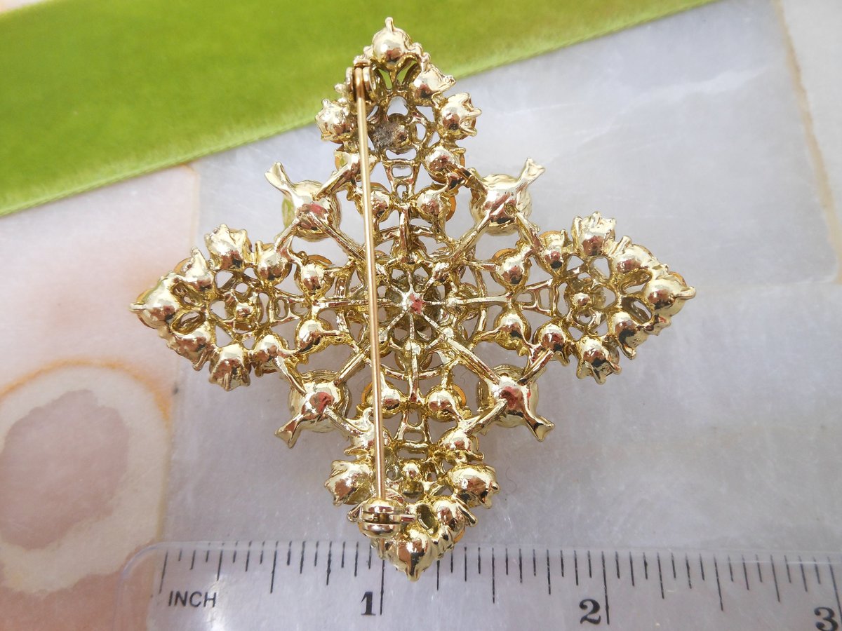 Vintage Maltese Cross Brooch Ornate Pin Victorian Revival Rhinestone Crystal Pearl Mid Century Jewelry Gift, VivianJoel.com