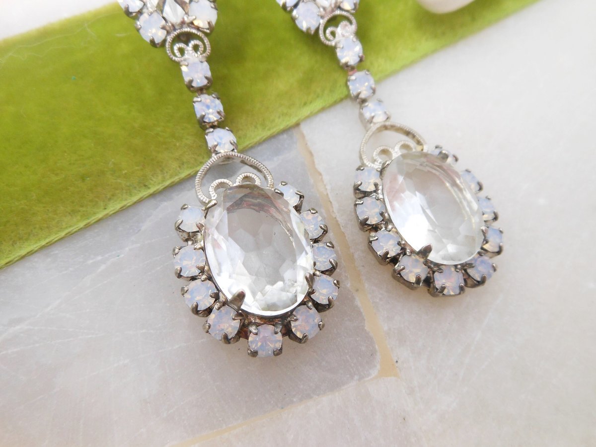 Vintage Rhinestone Earrings Moonstone Clip On Drop Crystal Dangle Chandelier Hollywood Glam Wedding Jewelry Gift Mid Century, VivianJoel.com