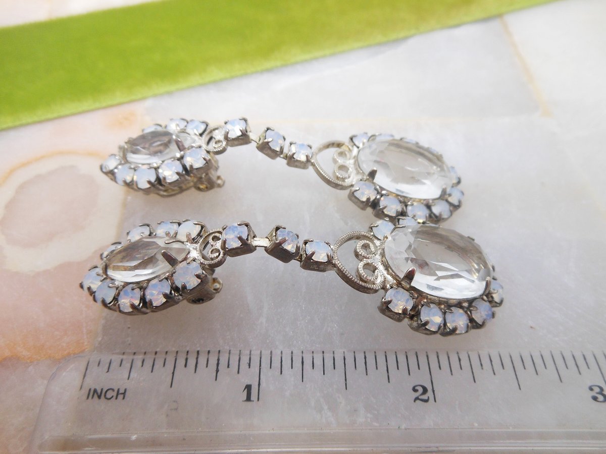 Vintage Rhinestone Earrings Moonstone Clip On Drop Crystal Dangle Chandelier Hollywood Glam Wedding Jewelry Gift Mid Century, VivianJoel.com