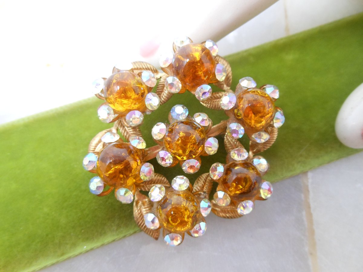 Vintage Rhinestone Brooch Art Glass Flower Pin Aurora Borealis Mid Century Jewelry Gift, VivianJoel.com