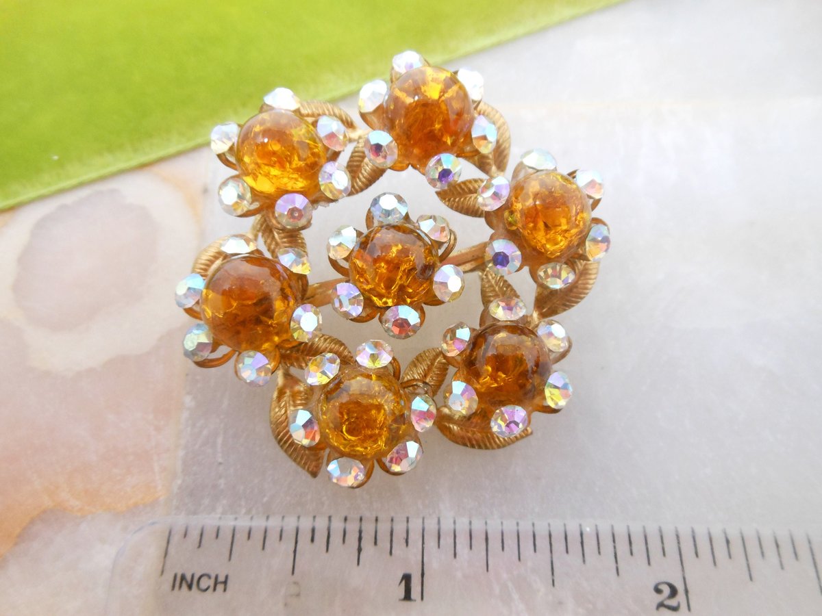 Vintage Rhinestone Brooch Art Glass Flower Pin Aurora Borealis Mid Century Jewelry Gift, VivianJoel.com