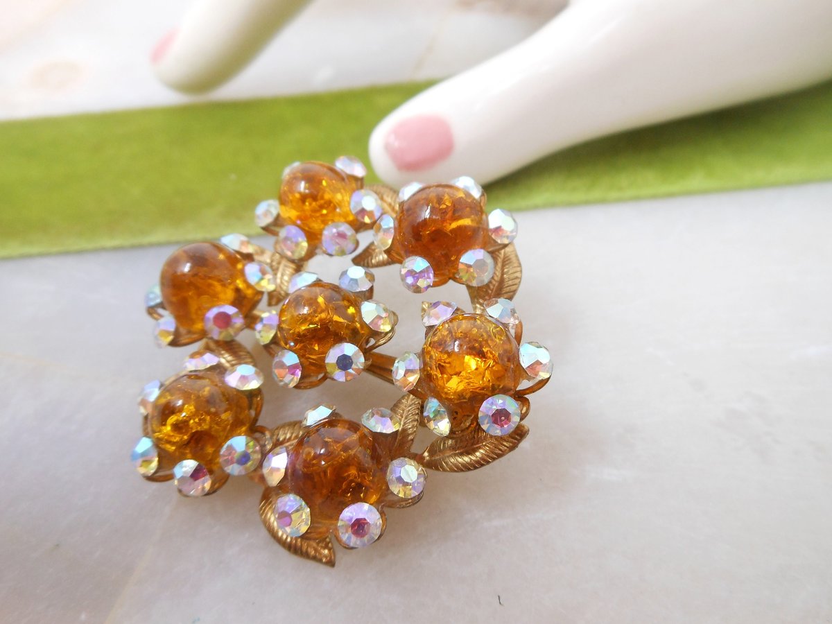 Vintage Rhinestone Brooch Art Glass Flower Pin Aurora Borealis Mid Century Jewelry Gift, VivianJoel.com