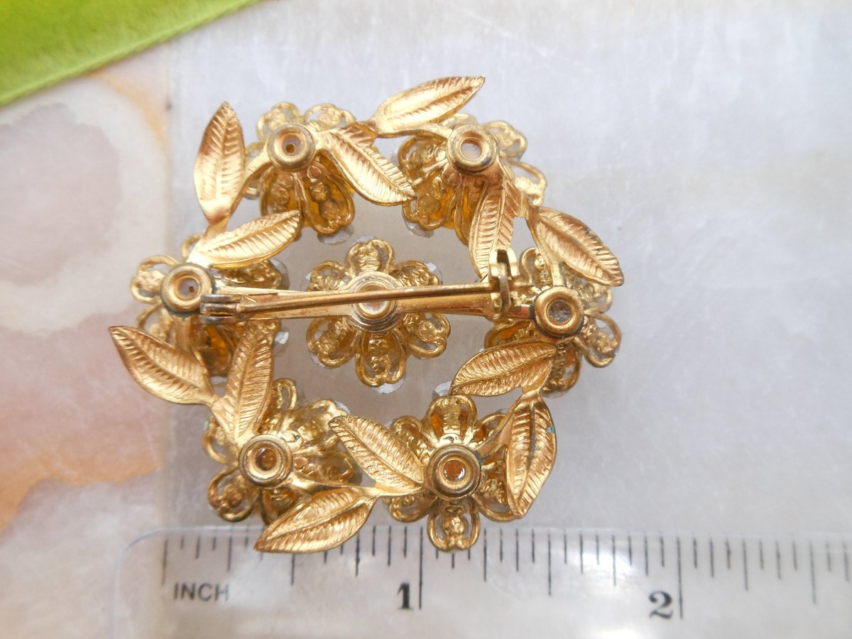 Vintage Rhinestone Brooch Art Glass Flower Pin Aurora Borealis Mid Century Jewelry Gift, VivianJoel.com