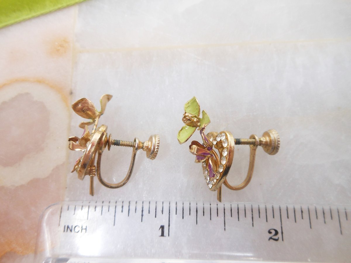 Vintage Pansy Enamel Flower Rhinestone Heart Earrings Screw Back Petite Delicate Mid Century Jewelry Gift, VivianJoel.com