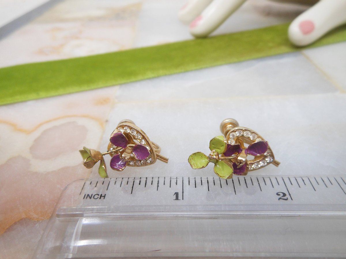 Vintage Pansy Enamel Flower Rhinestone Heart Earrings Screw Back Petite Delicate Mid Century Jewelry Gift, VivianJoel.com