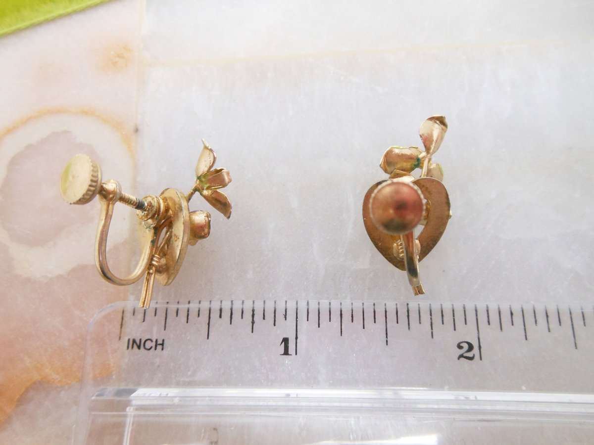 Vintage Pansy Enamel Flower Rhinestone Heart Earrings Screw Back Petite Delicate Mid Century Jewelry Gift, VivianJoel.com