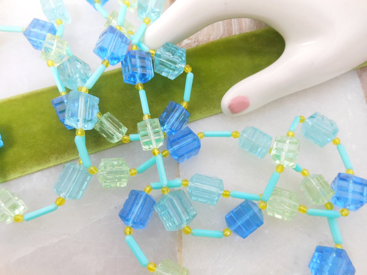 Vintage Blue Green Bead Necklace Chunky Plastic Long Chain Flapper MOD Funky Jewelry Gift Mid Century, VivianJoel.com