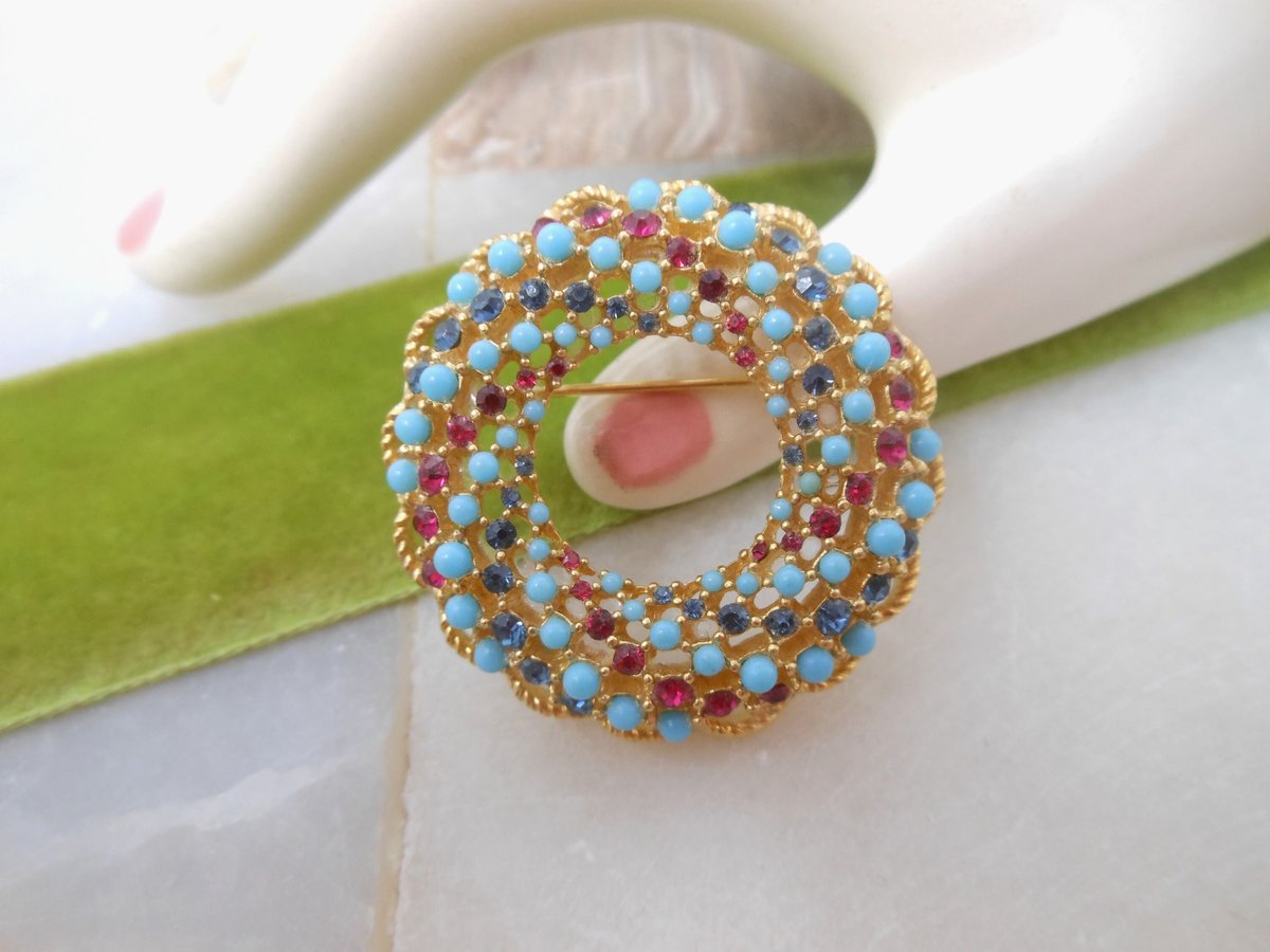 Vintage SARAH COVENTRY Rhinestone Pin Turquoise Brooch Wreath Song of India Designer Ornate Mid Century Jewelry Gift, VivianJoel.com