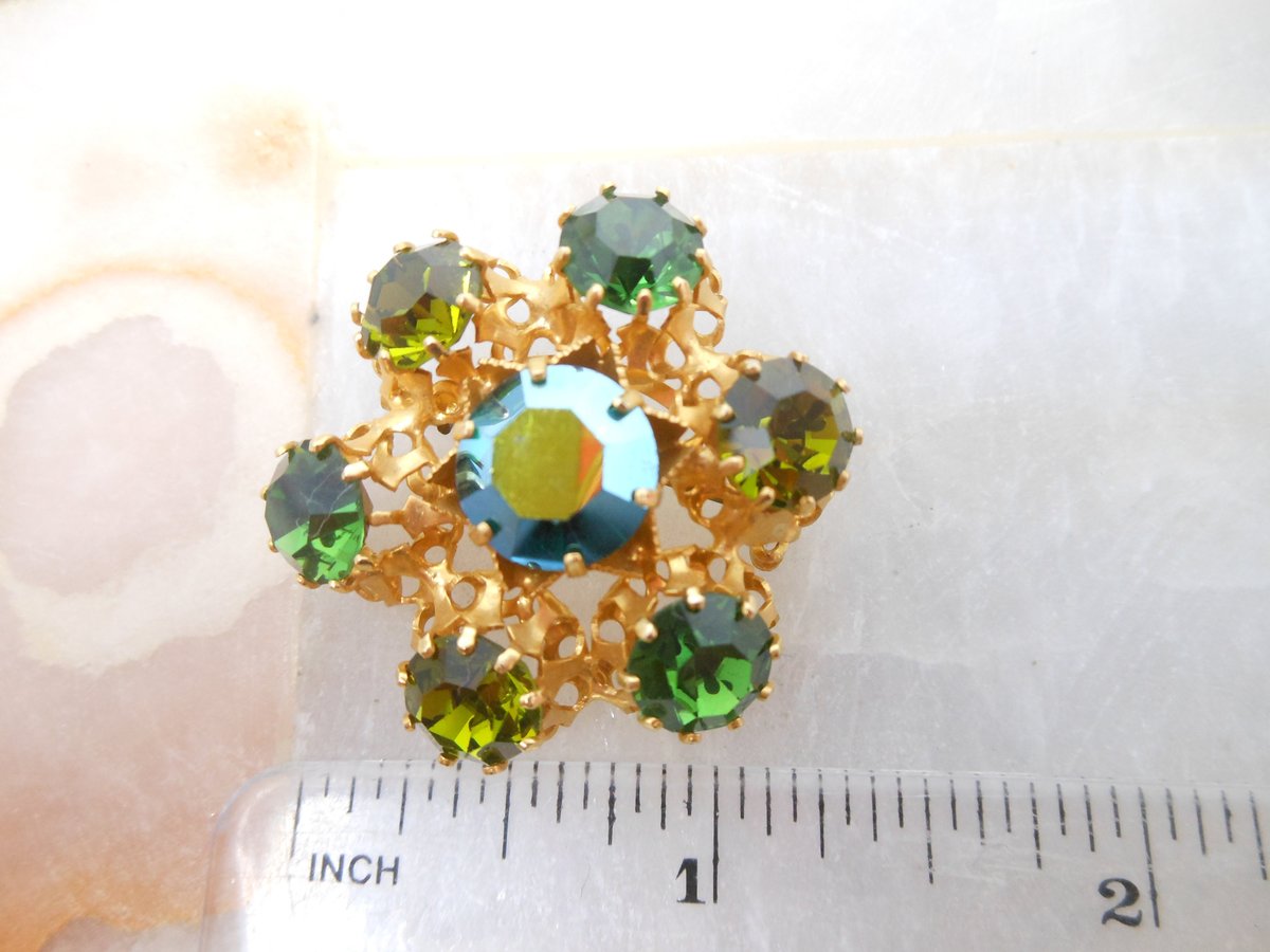 Vintage AUSTRIA Brooch Crystal Rhinestone Pin Green Victorian Renaissance Revival Ornate Jewelry Gift Mid Century, VivianJoel.com