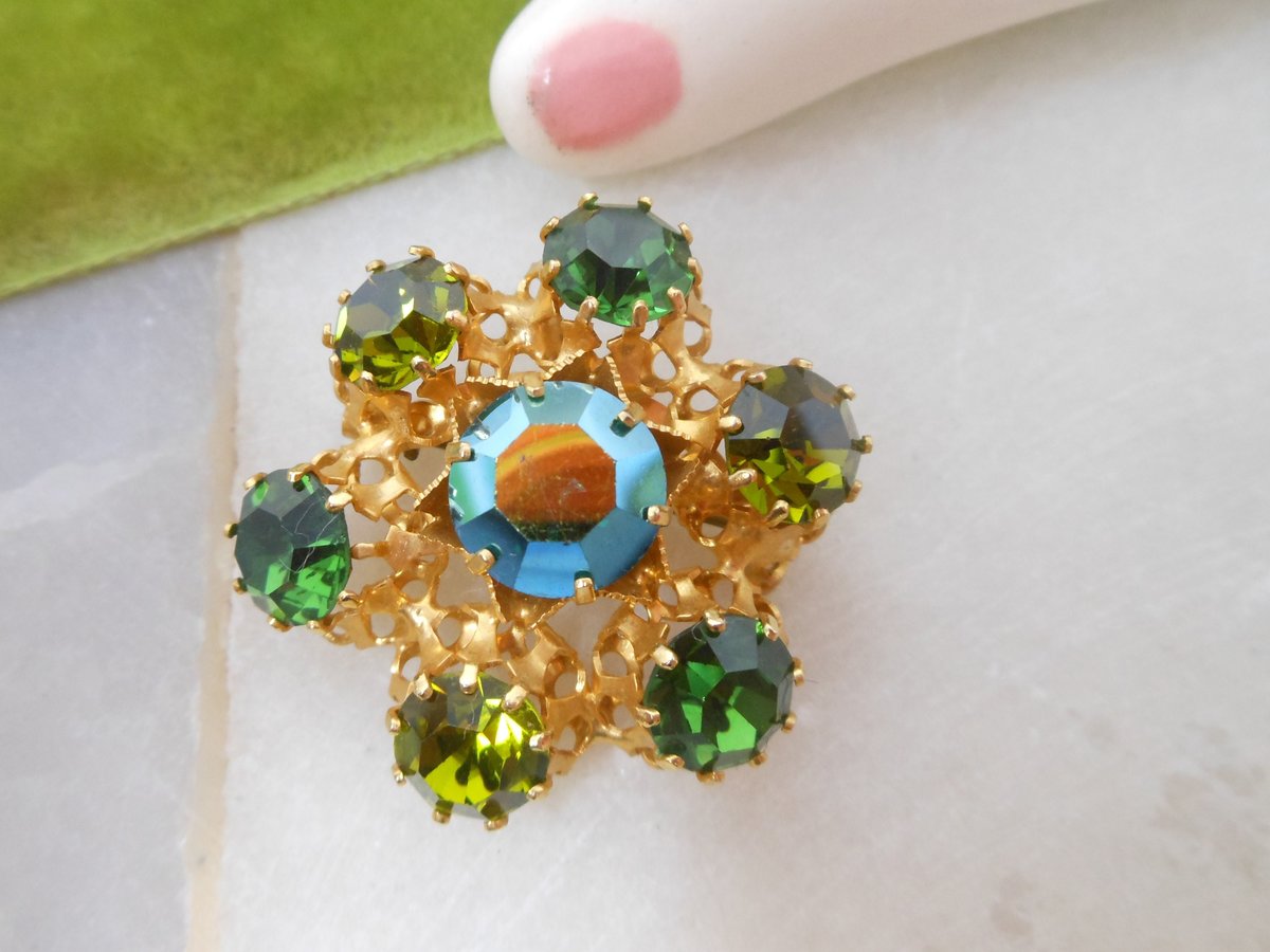 Vintage AUSTRIA Brooch Crystal Rhinestone Pin Green Victorian Renaissance Revival Ornate Jewelry Gift Mid Century, VivianJoel.com