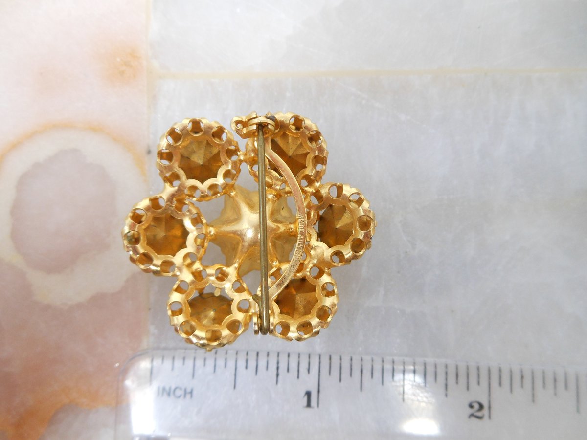 Vintage AUSTRIA Brooch Crystal Rhinestone Pin Green Victorian Renaissance Revival Ornate Jewelry Gift Mid Century, VivianJoel.com