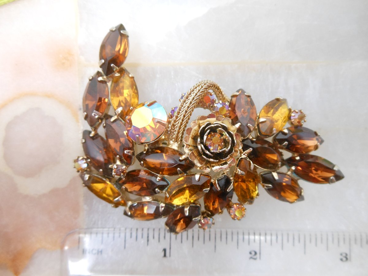 Vintage JULIANA Flower Brooch Topaz Spray Pin Crystal Rhinestone Aurora Borealis Mid Century Jewelry Gift, VivianJoel.com