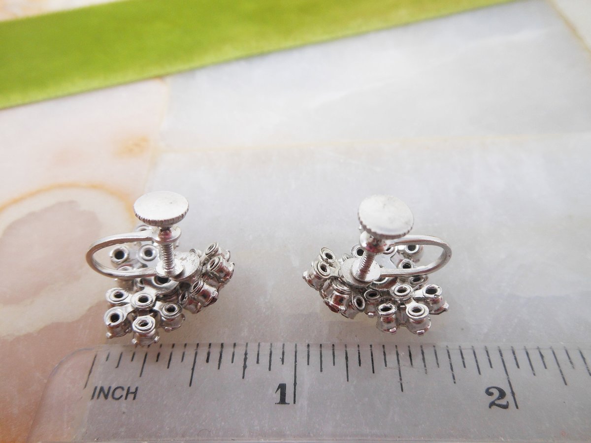 Vintage Flower Earrings Red Rhinestone Crystal Screw Back Ornate Cluster Jewelry Gift Mid Century, VivianJoel.com