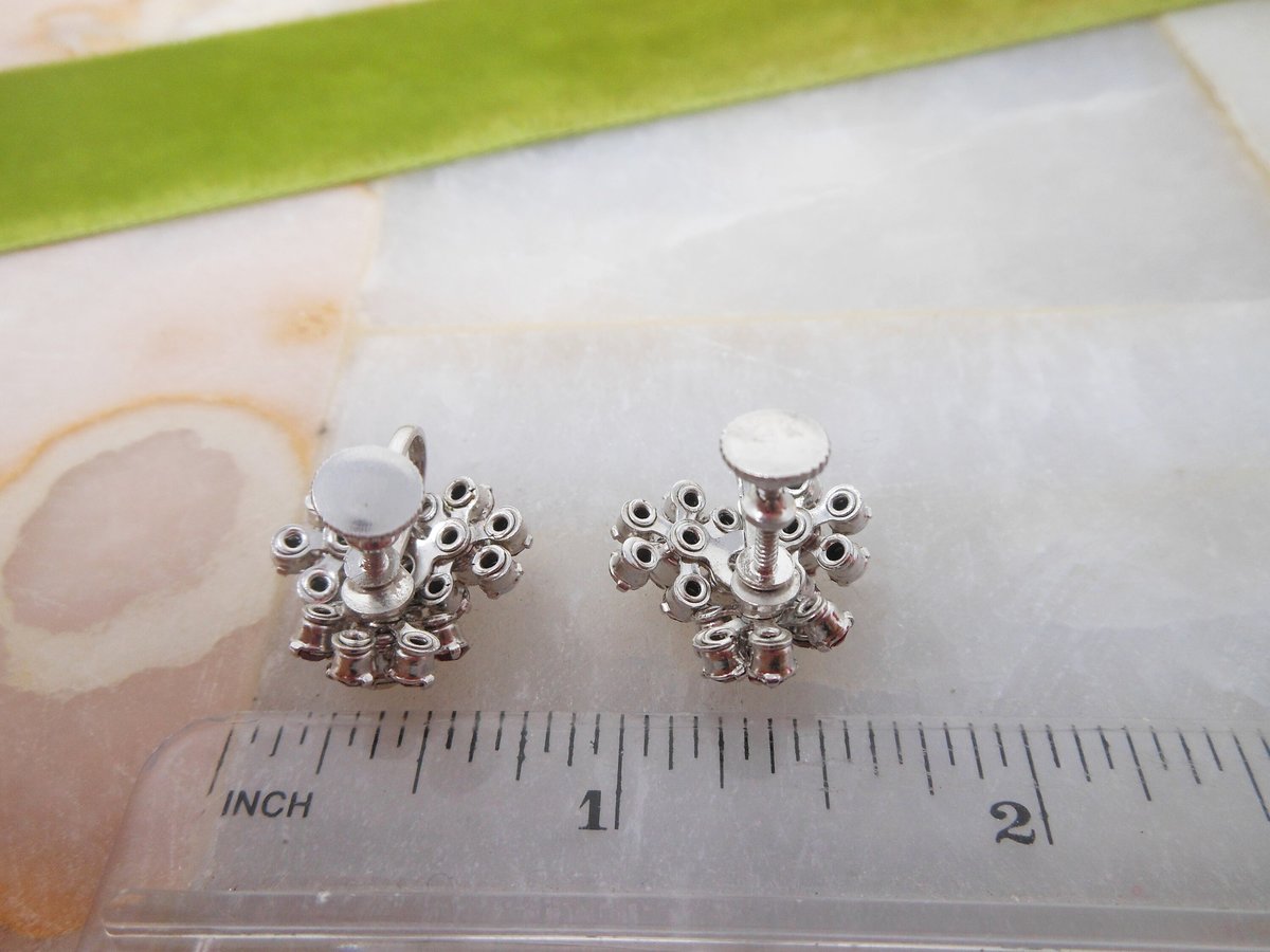 Vintage Flower Earrings Red Rhinestone Crystal Screw Back Ornate Cluster Jewelry Gift Mid Century, VivianJoel.com