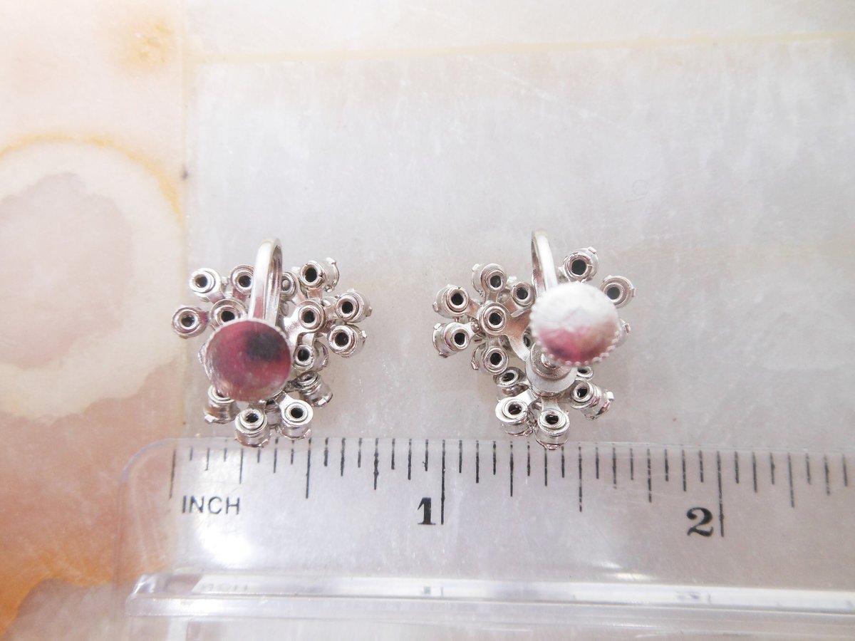 Vintage Flower Earrings Red Rhinestone Crystal Screw Back Ornate Cluster Jewelry Gift Mid Century, VivianJoel.com