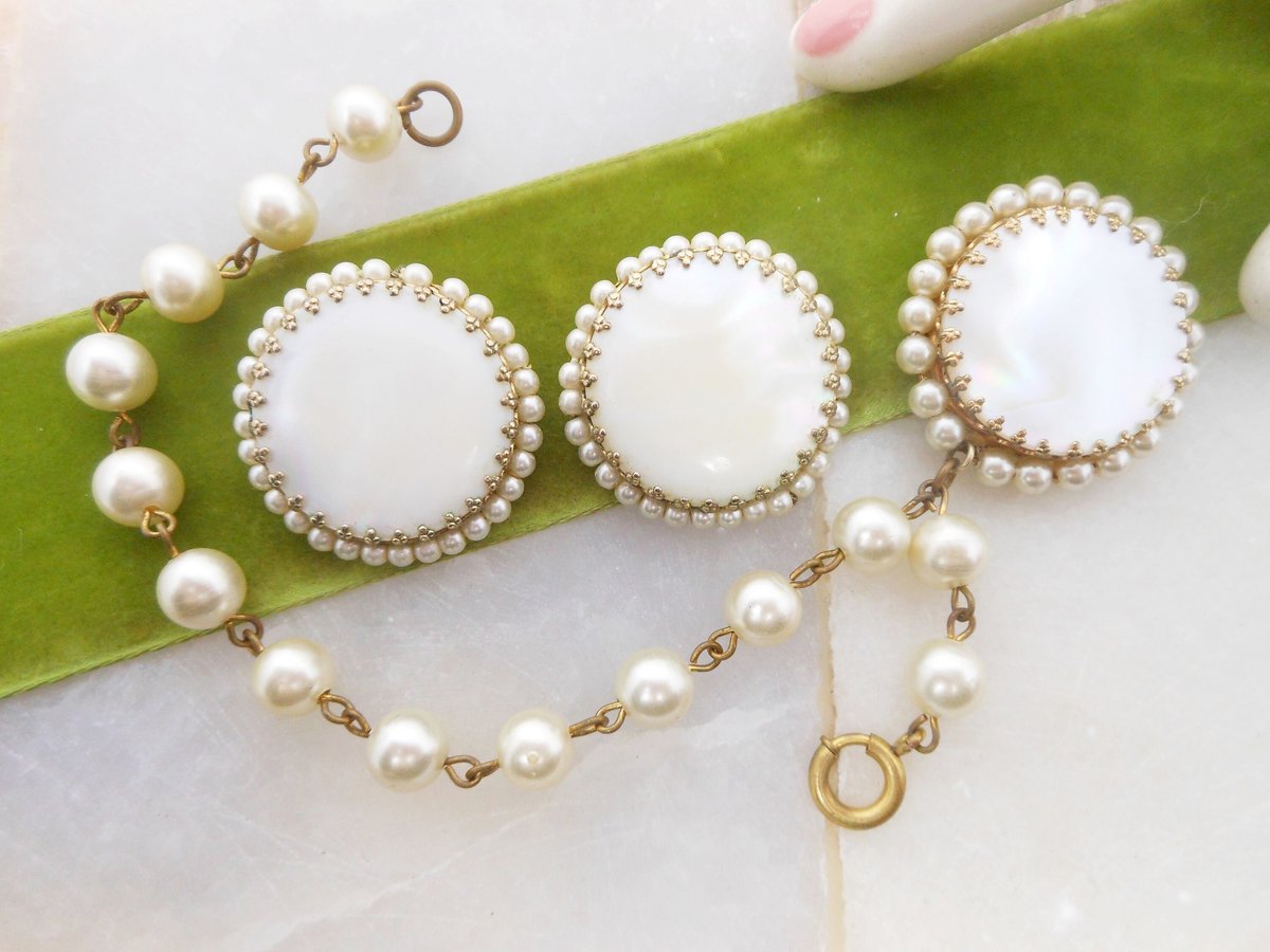 Vintage Mother of Pearl Bracelet Earring Set Charm Fob Ornate Victorian Regency Revival Bead Art Deco Jewelry Mid Century, VivianJoel.com