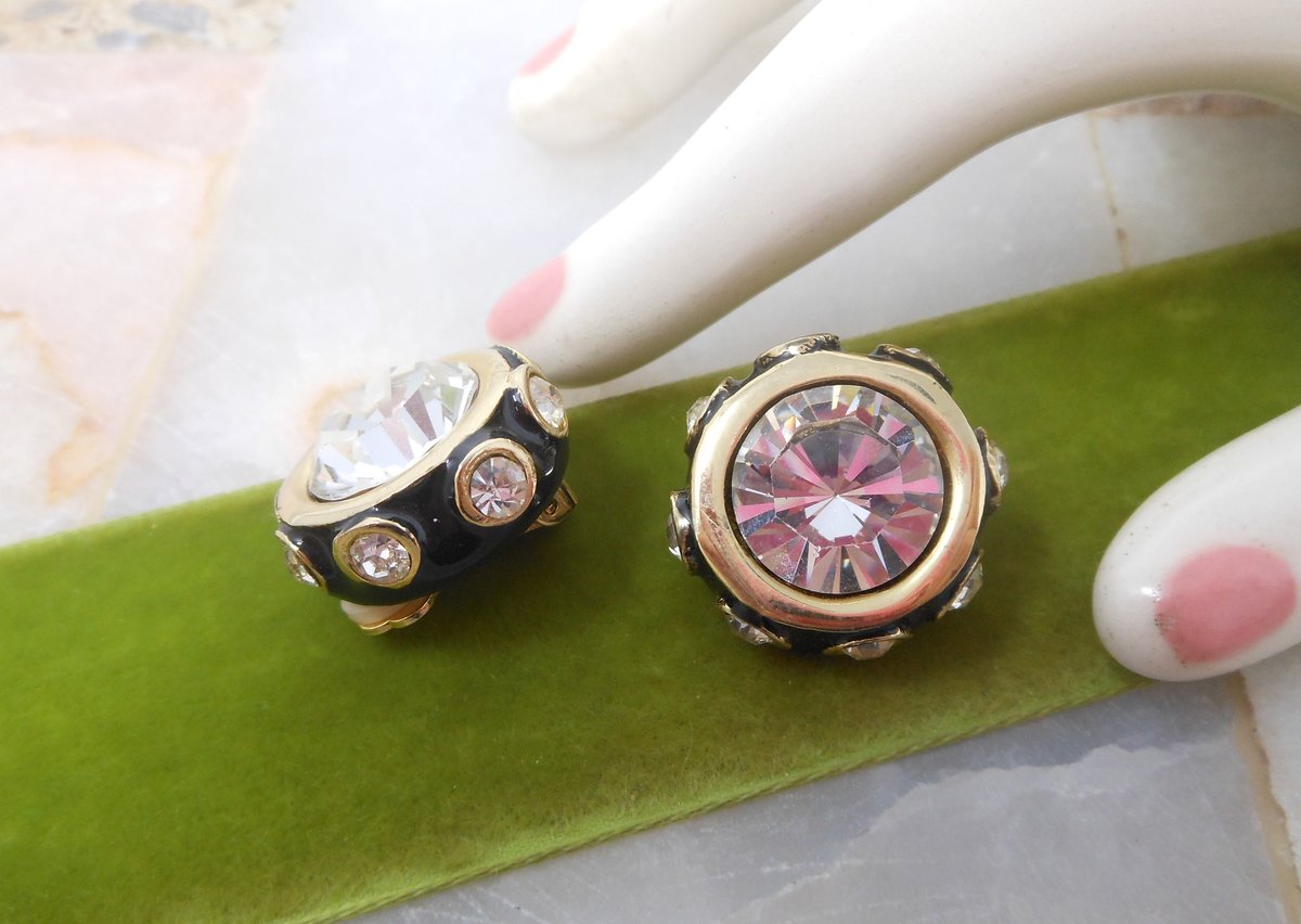 Vintage Headlight Crystal Earrings Chunky Clip On Black Enamel Statement Mogul Jewelry Mid Century Gift, VivianJoel.com