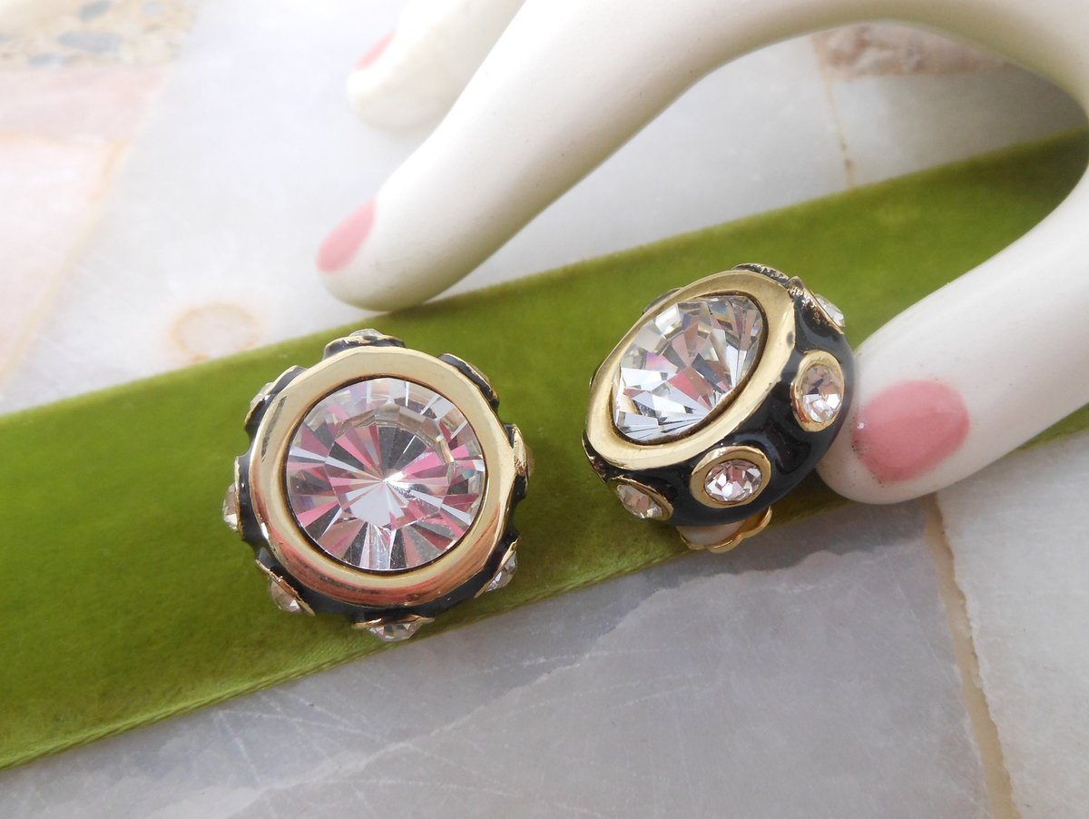 Vintage Headlight Crystal Earrings Chunky Clip On Black Enamel Statement Mogul Jewelry Mid Century Gift, VivianJoel.com