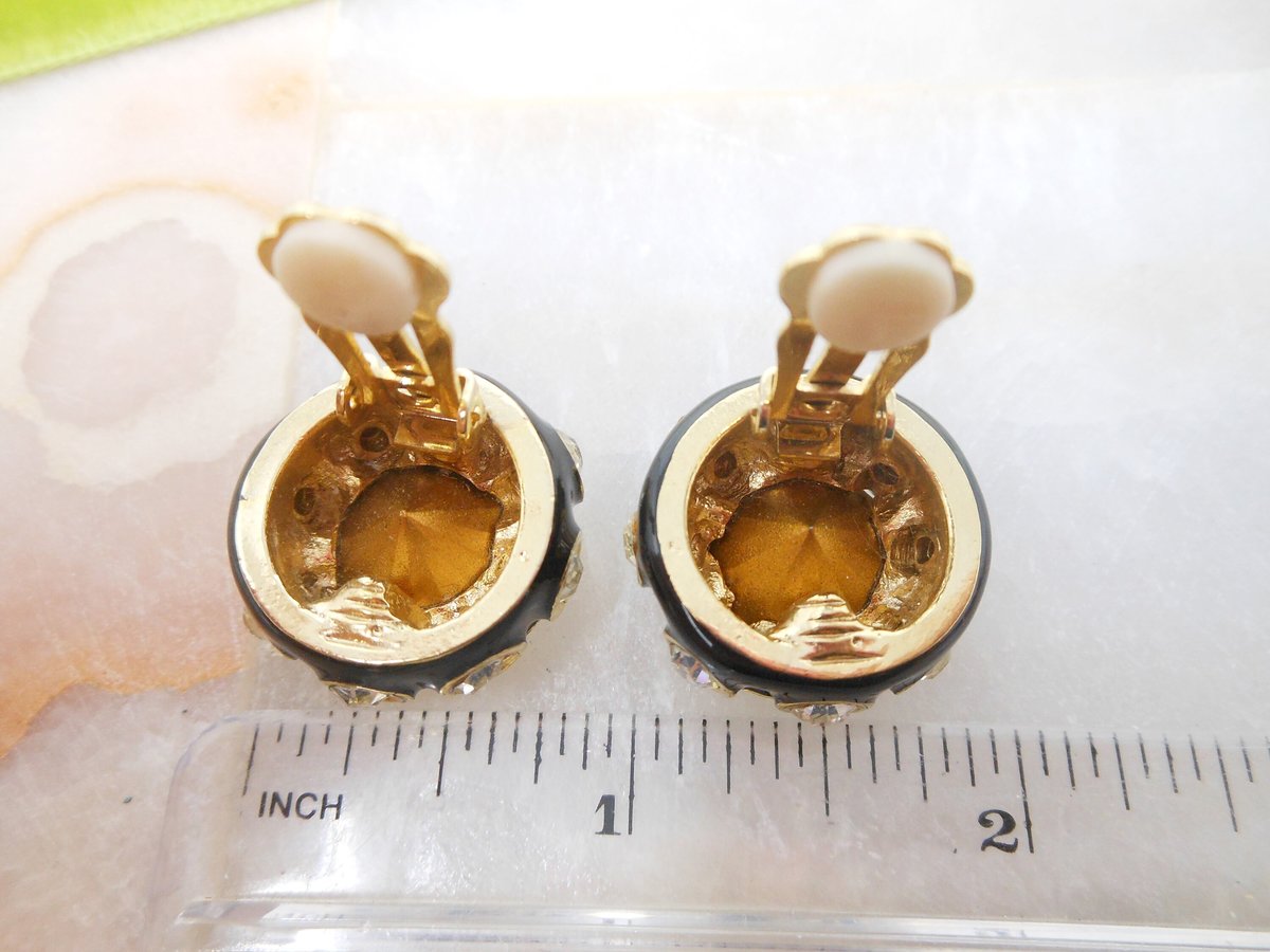 Vintage Headlight Crystal Earrings Chunky Clip On Black Enamel Statement Mogul Jewelry Mid Century Gift, VivianJoel.com