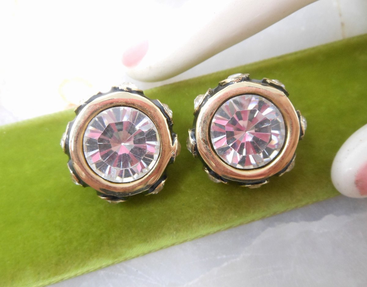 Vintage Headlight Crystal Earrings Chunky Clip On Black Enamel Statement Mogul Jewelry Mid Century Gift, VivianJoel.com