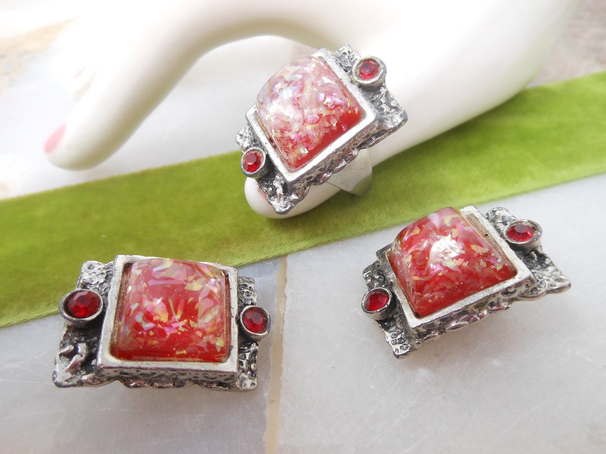 Vintage SELRO Confetti Lucite Earrings Ring SET Chunky Ornate Plastic Resin Clip On Designer Mid Century, VivianJoel.com