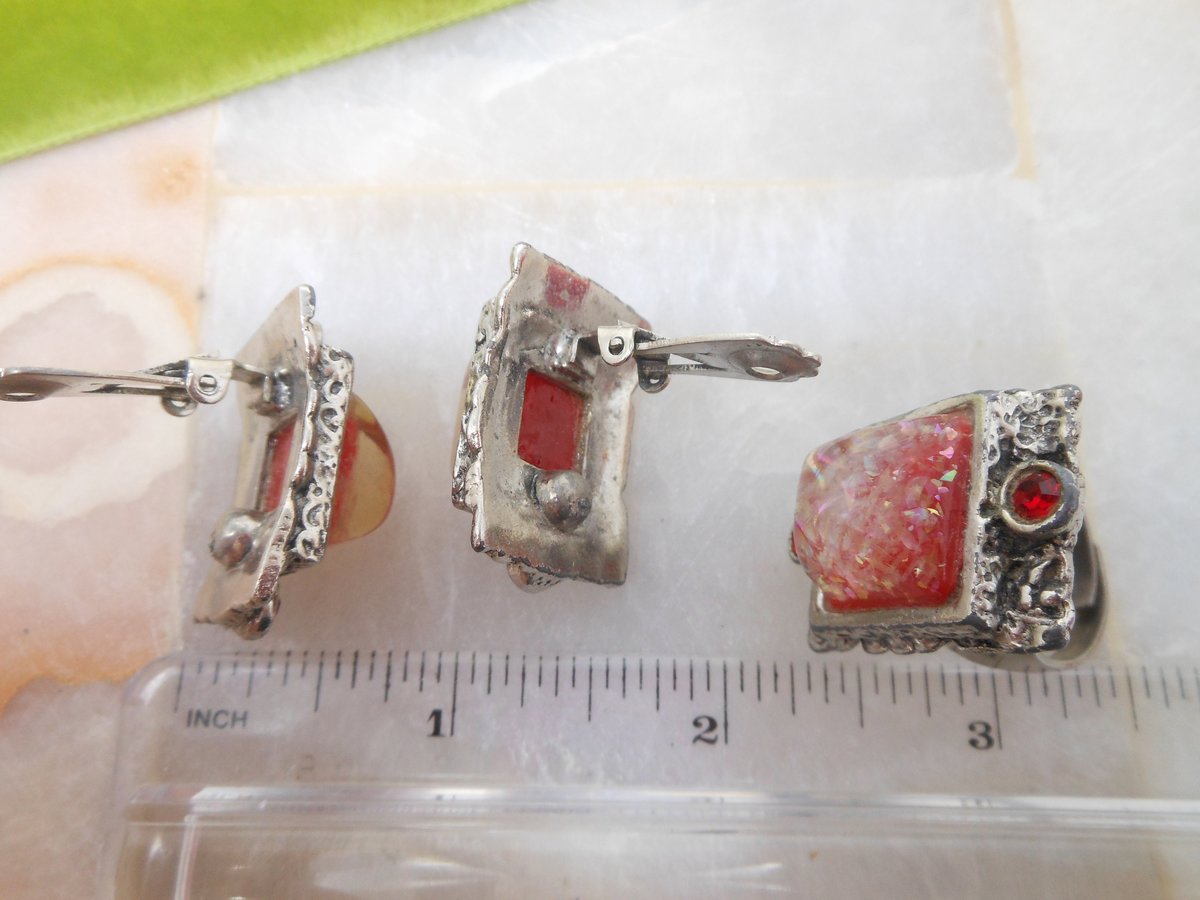 Vintage SELRO Confetti Lucite Earrings Ring SET Chunky Ornate Plastic Resin Clip On Designer Mid Century, VivianJoel.com