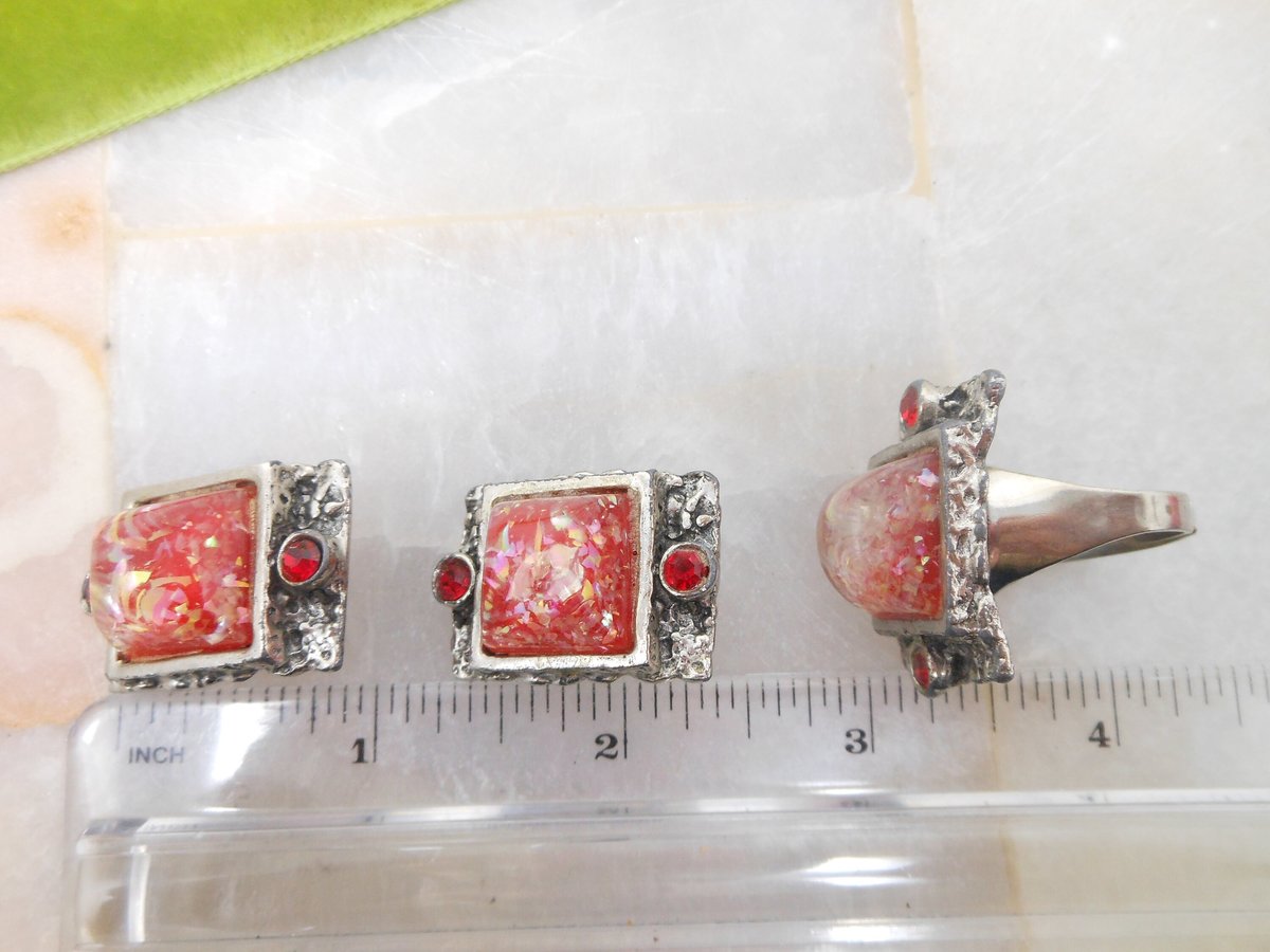 Vintage SELRO Confetti Lucite Earrings Ring SET Chunky Ornate Plastic Resin Clip On Designer Mid Century, VivianJoel.com