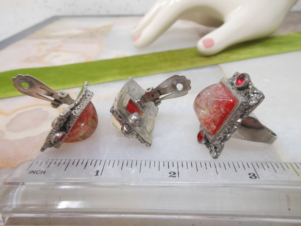 Vintage SELRO Confetti Lucite Earrings Ring SET Chunky Ornate Plastic Resin Clip On Designer Mid Century, VivianJoel.com