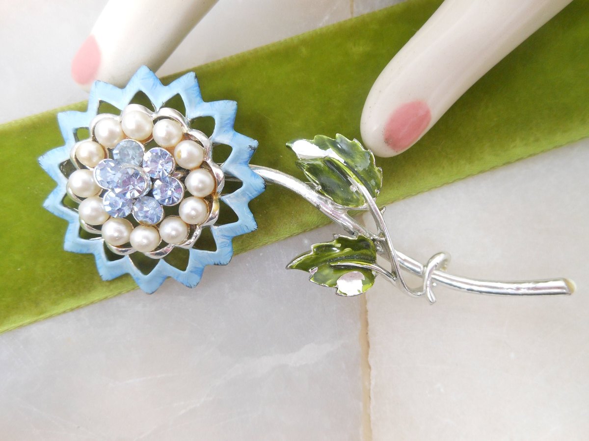 Vintage CORO Flower Brooch Enamel Rhinestone Pearl Pin MOD Designer Something Blue Mid Century Jewelry Gift, VivianJoel.com