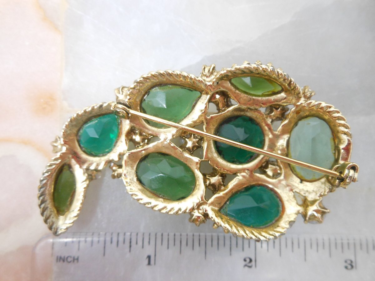 Vintage Regency Revival Brooch Green Pin Emerald Aurora Borealis Ornate Chunky Mid Century Jewelry Gift, VivianJoel.com