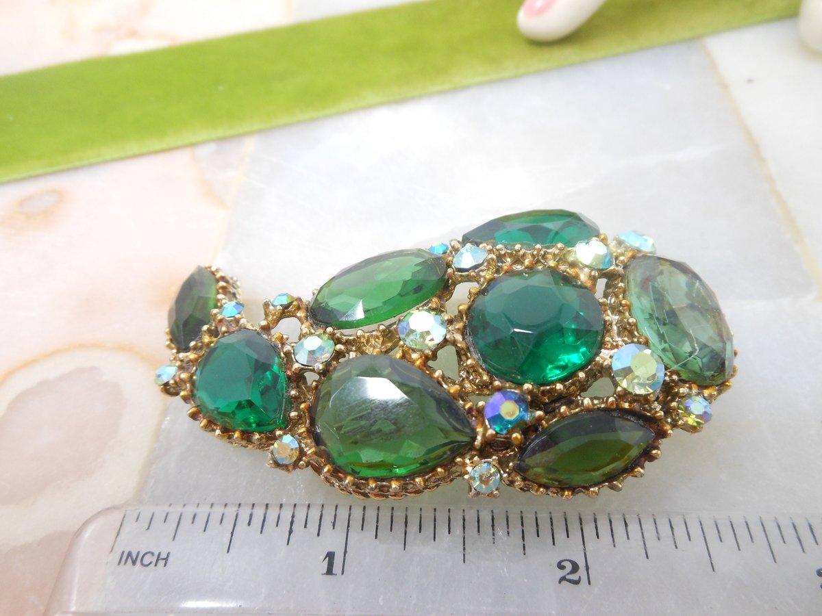 Vintage Regency Revival Brooch Green Pin Emerald Aurora Borealis Ornate Chunky Mid Century Jewelry Gift, VivianJoel.com