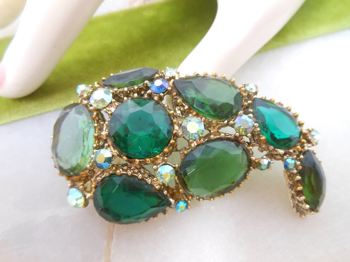 Vintage Regency Revival Brooch Green Pin Emerald Aurora Borealis Ornate Chunky Mid Century Jewelry Gift, VivianJoel.com